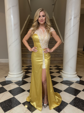 Gold Long Mermaid Sleeveless Satin Evening Dresses with Beaded